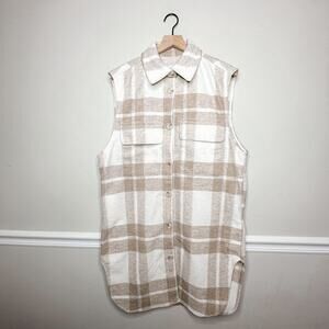 H&M Tan and Cream Plaid Long Faux Wool Over Vest